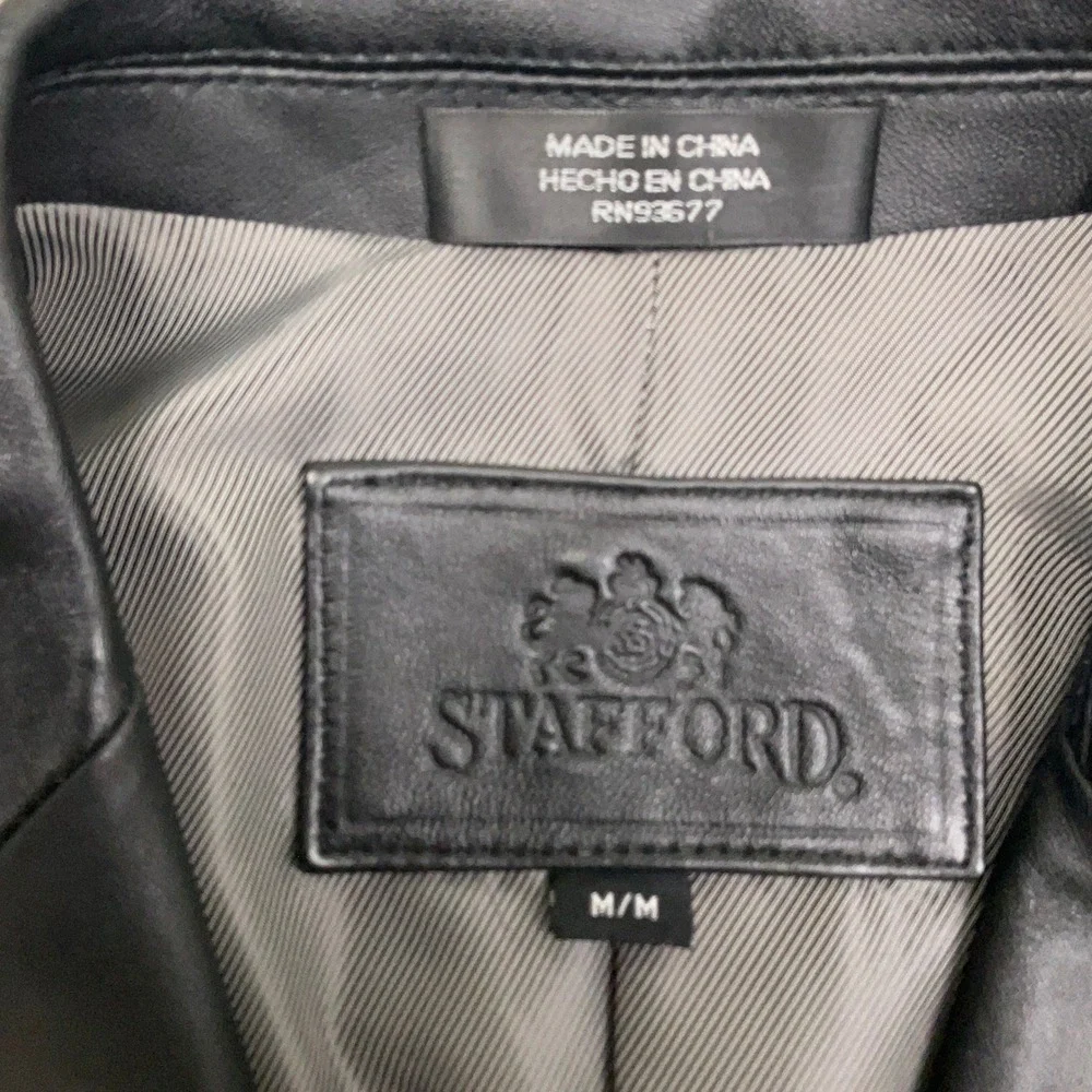 Stafford‎ Leather Blazer Mens Medium Black 3 Button Luxury Matrix Goth Jacket
